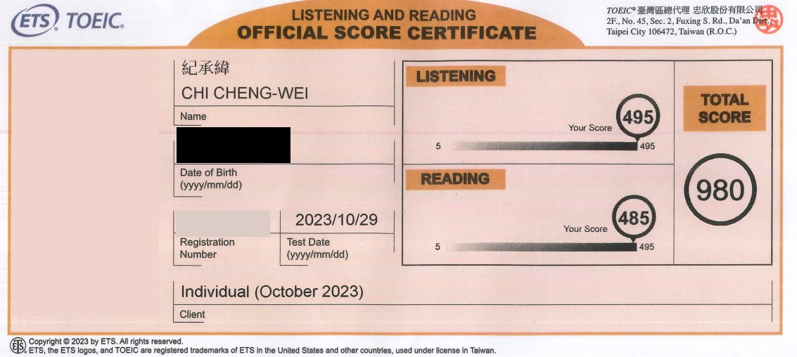 TOEIC 多益官方成績證書掃描，聽力 495、閱讀 485，總分 980，個資已遮蔽