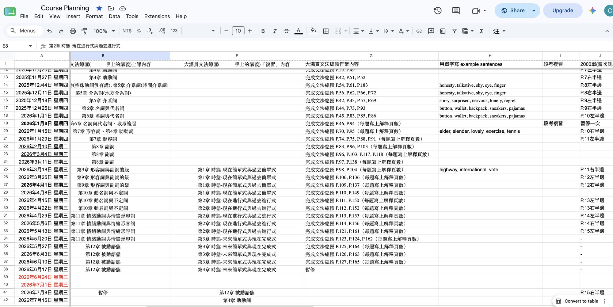 課程規劃表 Google Sheets 截圖，逐週記錄上課內容、複習範圍、作業與單字進度
